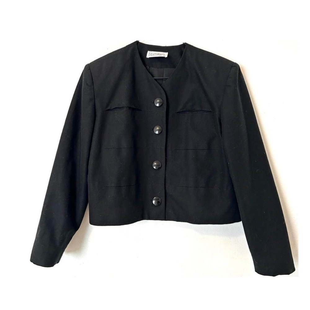 Vintage 80s Cropped Jacket Round Plastic Buttons Slit Details Structured Black